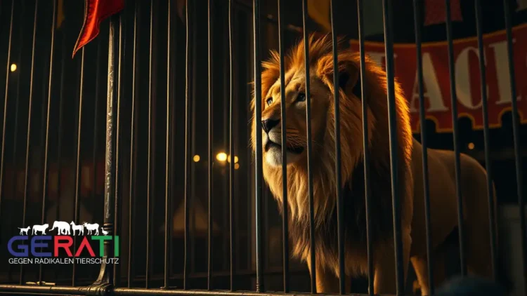 Tierquälerei: PETA gegen Circus Krone – Zwischen berechtigter Kritik und altbekannter Polemik? 32 Das Bild zeigt einen majestätischen Löwen in einem schwach beleuchteten, engen Käfig, der sowohl Anmut als auch Anzeichen von Stress ausstrahlt. Umgeben von bunten, abgenutzten Zirkusbannern und der unscharfen Silhouette eines Zirkuszeltes im Hintergrund, vermittelt die Szene eine bedrückende und nachdenkliche Stimmung. Diese Darstellung illustriert die Spannung zwischen der faszinierenden Zirkuswelt und den ethischen Bedenken, die von Tierschutzorganisationen hinsichtlich der Tierquälerei geäußert werden.