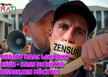 Fotorealistisches Porträt von Robert Marc Lehmann, der auf einer Straßenkundgebung in ein Megafon spricht, ein Quarkbällchen in der Hand hält und Protestschilder mit den Worten „Zensur“, Hass und Hetze im Hintergrund trägt.