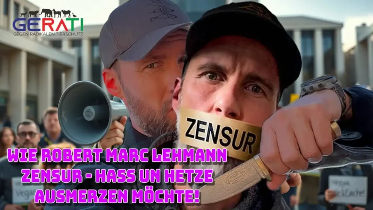 Fotorealistisches Porträt von Robert Marc Lehmann, der auf einer Straßenkundgebung in ein Megafon spricht, ein Quarkbällchen in der Hand hält und Protestschilder mit den Worten „Zensur“, Hass und Hetze im Hintergrund trägt.