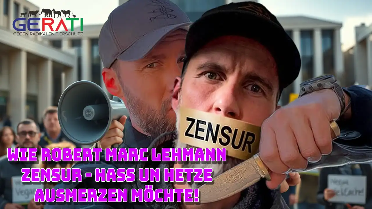 Fotorealistisches Porträt von Robert Marc Lehmann, der auf einer Straßenkundgebung in ein Megafon spricht, ein Quarkbällchen in der Hand hält und Protestschilder mit den Worten „Zensur“, Hass und Hetze im Hintergrund trägt.