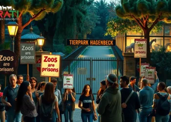 PETA, Zoos und die Wahrheit: Zwischen Idealismus und Realität 28 Ein fotorealistisches Bild zeigt die Spannung zwischen Tierrechtsaktivisten und dem Management eines Zoos. Im Vordergrund steht eine vielfältige Gruppe engagierter Aktivisten mit Protestschildern, auf denen Slogans wie "Zoos sind Gefängnisse" zu lesen sind. Sie demonstrieren vor den Eingangstoren eines großen, bekannten Zoos, der dem Tierpark Hagenbeck in Hamburg ähnelt. Im Hintergrund ist eine friedliche Abendstimmung im Zoo zu sehen, mit schwach beleuchteten Wegen, umgeben von üppigem Grün und exotischen Tiergehegen. Der Kontrast wird betont: Auf der einen Seite der energiegeladene Protest mit bunten Schildern und entschlossenen Gesichtern, auf der anderen die ruhige, lehrreiche Atmosphäre des Zoos, in dem Familien spazieren und Tiere beobachten. Das Bild vermittelt die Komplexität und Emotion der Situation und hebt sowohl den Eifer der Aktivisten als auch die friedliche Umgebung des Zoos hervor.