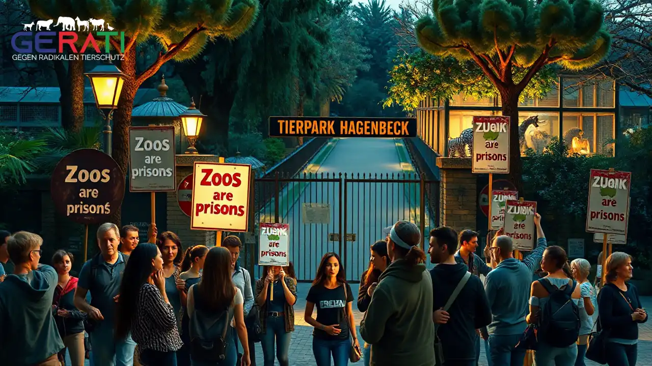Ein fotorealistisches Bild zeigt die Spannung zwischen Tierrechtsaktivisten und dem Management eines Zoos. Im Vordergrund steht eine vielfältige Gruppe engagierter Aktivisten mit Protestschildern, auf denen Slogans wie "Zoos sind Gefängnisse" zu lesen sind. Sie demonstrieren vor den Eingangstoren eines großen, bekannten Zoos, der dem Tierpark Hagenbeck in Hamburg ähnelt. Im Hintergrund ist eine friedliche Abendstimmung im Zoo zu sehen, mit schwach beleuchteten Wegen, umgeben von üppigem Grün und exotischen Tiergehegen. Der Kontrast wird betont: Auf der einen Seite der energiegeladene Protest mit bunten Schildern und entschlossenen Gesichtern, auf der anderen die ruhige, lehrreiche Atmosphäre des Zoos, in dem Familien spazieren und Tiere beobachten. Das Bild vermittelt die Komplexität und Emotion der Situation und hebt sowohl den Eifer der Aktivisten als auch die friedliche Umgebung des Zoos hervor.