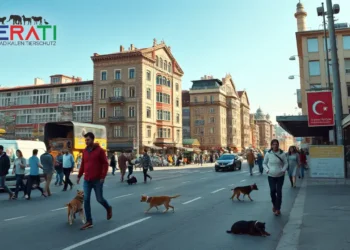 Tierschutz in der Türkei: Streunende Tiere und die Herausforderungen 29 Das Bild zeigt eine lebhafte Straßenszene in Istanbul an einem sonnigen Tag. Menschen eilen geschäftig durch die Straßen, umgeben von einer Mischung aus modernen und traditionellen Gebäuden. Inmitten der Stadtaktivität sind mehrere streunende Hunde und Katzen zu sehen, die entweder umherstreifen oder sich ausruhen. Plakate und Schilder im Hintergrund thematisieren subtil den Tierschutz und appellieren an das Bewusstsein für das Wohlergehen der Tiere. Die Komposition des Bildes fängt die Dynamik des Stadtlebens ein, während die Präsenz der Tiere die Dringlichkeit der Tierschutzdebatte unterstreicht.