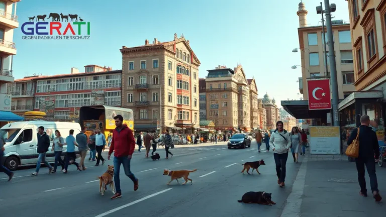 Das Bild zeigt eine lebhafte Straßenszene in Istanbul an einem sonnigen Tag. Menschen eilen geschäftig durch die Straßen, umgeben von einer Mischung aus modernen und traditionellen Gebäuden. Inmitten der Stadtaktivität sind mehrere streunende Hunde und Katzen zu sehen, die entweder umherstreifen oder sich ausruhen. Plakate und Schilder im Hintergrund thematisieren subtil den Tierschutz und appellieren an das Bewusstsein für das Wohlergehen der Tiere. Die Komposition des Bildes fängt die Dynamik des Stadtlebens ein, während die Präsenz der Tiere die Dringlichkeit der Tierschutzdebatte unterstreicht.