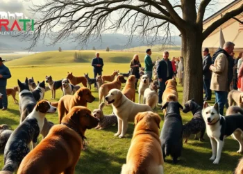 Ein fotorealistisches Bild zeigt eine friedliche Landschaft in der Nähe von Sondershausen, im Possen-Gebiet. Im Vordergrund sind verschiedene reinrassige Hunde zu sehen, die entweder spielerisch aktiv sind oder von ihren Züchtern gepflegt werden. Im Hintergrund erstreckt sich eine malerische Kulisse mit üppigem Grün und sanften Hügeln. Eine Gruppe von Menschen diskutiert, einige halten Notizblöcke oder Broschüren, was auf den Austausch von Ideen hinweist. Die Atmosphäre ist lebhaft, aber nachdenklich, und spiegelt die Spannung zwischen Tradition und Tierschutz wider. Das Bild thematisiert das Thema Qualzuchten, indem es sowohl die Leidenschaft der Züchter als auch die Bedenken der Tierschützer zeigt und so das gesellschaftliche Spannungsfeld ausgewogen darstellt.