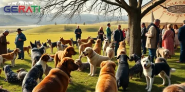 Ein fotorealistisches Bild zeigt eine friedliche Landschaft in der Nähe von Sondershausen, im Possen-Gebiet. Im Vordergrund sind verschiedene reinrassige Hunde zu sehen, die entweder spielerisch aktiv sind oder von ihren Züchtern gepflegt werden. Im Hintergrund erstreckt sich eine malerische Kulisse mit üppigem Grün und sanften Hügeln. Eine Gruppe von Menschen diskutiert, einige halten Notizblöcke oder Broschüren, was auf den Austausch von Ideen hinweist. Die Atmosphäre ist lebhaft, aber nachdenklich, und spiegelt die Spannung zwischen Tradition und Tierschutz wider. Das Bild thematisiert das Thema Qualzuchten, indem es sowohl die Leidenschaft der Züchter als auch die Bedenken der Tierschützer zeigt und so das gesellschaftliche Spannungsfeld ausgewogen darstellt.