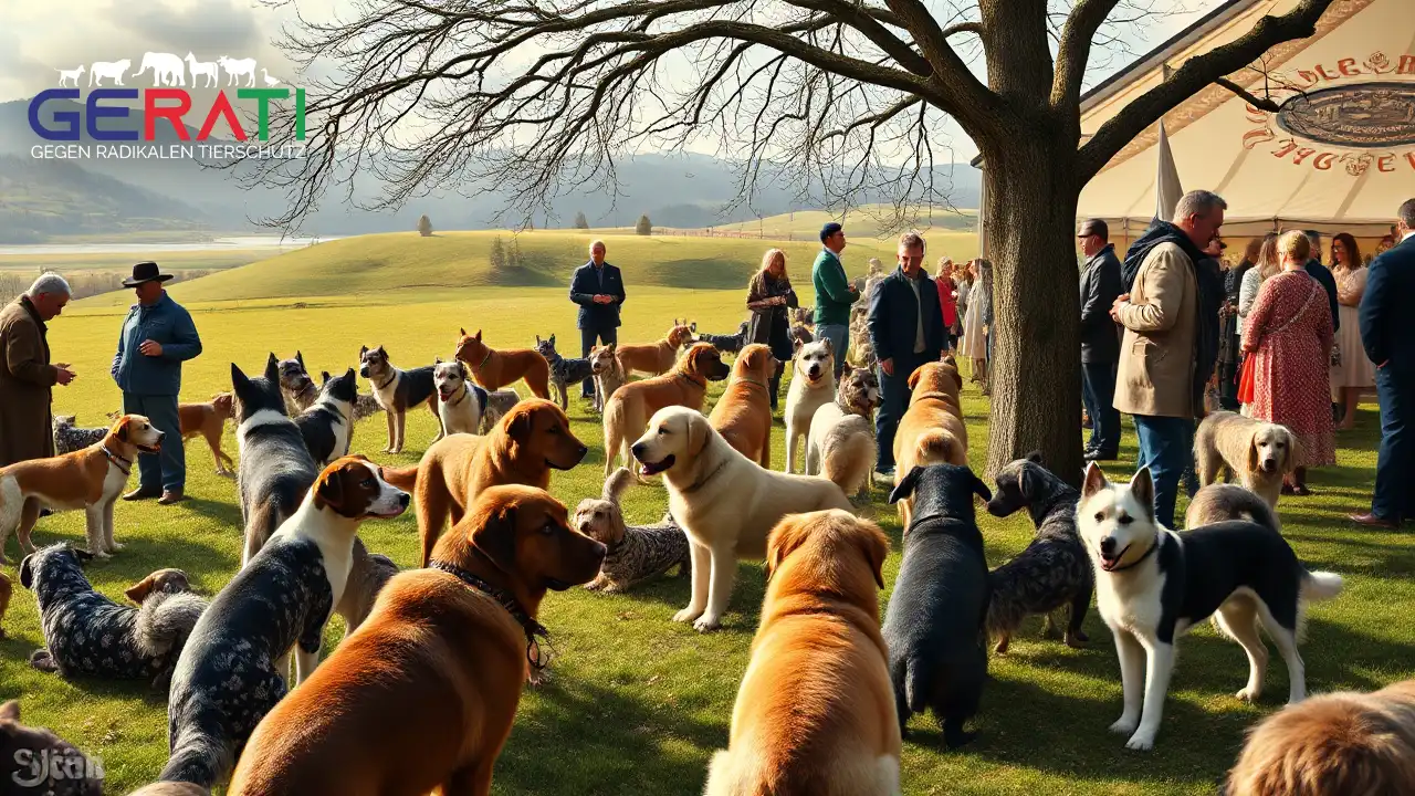 Ein fotorealistisches Bild zeigt eine friedliche Landschaft in der Nähe von Sondershausen, im Possen-Gebiet. Im Vordergrund sind verschiedene reinrassige Hunde zu sehen, die entweder spielerisch aktiv sind oder von ihren Züchtern gepflegt werden. Im Hintergrund erstreckt sich eine malerische Kulisse mit üppigem Grün und sanften Hügeln. Eine Gruppe von Menschen diskutiert, einige halten Notizblöcke oder Broschüren, was auf den Austausch von Ideen hinweist. Die Atmosphäre ist lebhaft, aber nachdenklich, und spiegelt die Spannung zwischen Tradition und Tierschutz wider. Das Bild thematisiert das Thema Qualzuchten, indem es sowohl die Leidenschaft der Züchter als auch die Bedenken der Tierschützer zeigt und so das gesellschaftliche Spannungsfeld ausgewogen darstellt.