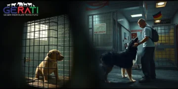 Das Titelbild stellt den illegalen Welpenhandel in Deutschland dar. Im Vordergrund ist ein schattiger, schwach beleuchteter Bereich mit einem gestressten Welpen in einem kleinen, engen Käfig zu sehen, der die harten Bedingungen illegaler Zucht symbolisiert. Im Hintergrund verwandelt sich die Szene in eine hellere und einladendere Umgebung eines deutschen Tierheims, in dem ein fürsorglicher Mitarbeiter liebevoll mit einem fröhlichen, gesunden Hund interagiert. Subtile Elemente wie ein Grenzkontrollschild oder eine Landkarte deuten auf grenzüberschreitende Probleme hin. Das Bild vermittelt ein Gefühl von Dringlichkeit und Hoffnung und betont die Notwendigkeit von Bewusstsein und Zusammenarbeit, um das Problem des Welpenhandels anzugehen.