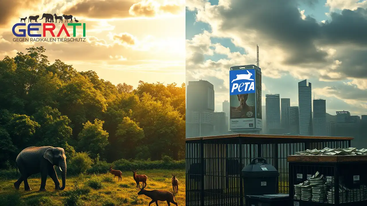 PETA Kontrast zwischen Wildtierschutz und städtischer Kampagnenkulisse mit Tieren und Spendenmotiven