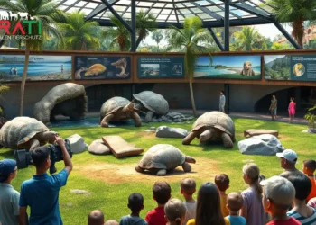 Das Bild zeigt eine moderne Zoo-Umgebung mit einem großzügigen, naturgetreu gestalteten Gehege für Galapagos-Riesenschildkröten. Das Gehege ist üppig begrünt und enthält Elemente wie Felsen und Wasserstellen, die natürliche Verhaltensweisen der Schildkröten fördern. Im Vordergrund beobachtet eine diverse Gruppe von Besuchern, darunter Kinder und Erwachsene, die Tiere und verdeutlicht so den Bildungsaspekt von Zoos. Im Hintergrund sind Hinweisschilder zu sehen, die über aktive Naturschutzmaßnahmen und Zuchtprogramme informieren. Das Bild vermittelt eine Atmosphäre der Hoffnung und Zusammenarbeit und unterstreicht die wichtige Rolle, die Zoos im globalen Naturschutz spielen.