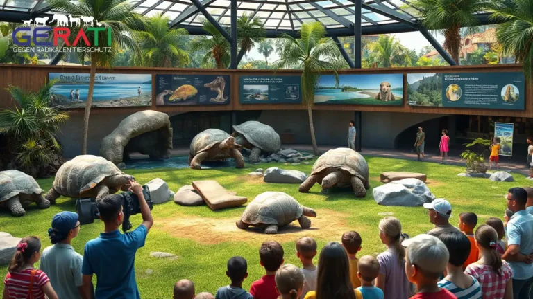 Das Bild zeigt eine moderne Zoo-Umgebung mit einem großzügigen, naturgetreu gestalteten Gehege für Galapagos-Riesenschildkröten. Das Gehege ist üppig begrünt und enthält Elemente wie Felsen und Wasserstellen, die natürliche Verhaltensweisen der Schildkröten fördern. Im Vordergrund beobachtet eine diverse Gruppe von Besuchern, darunter Kinder und Erwachsene, die Tiere und verdeutlicht so den Bildungsaspekt von Zoos. Im Hintergrund sind Hinweisschilder zu sehen, die über aktive Naturschutzmaßnahmen und Zuchtprogramme informieren. Das Bild vermittelt eine Atmosphäre der Hoffnung und Zusammenarbeit und unterstreicht die wichtige Rolle, die Zoos im globalen Naturschutz spielen.