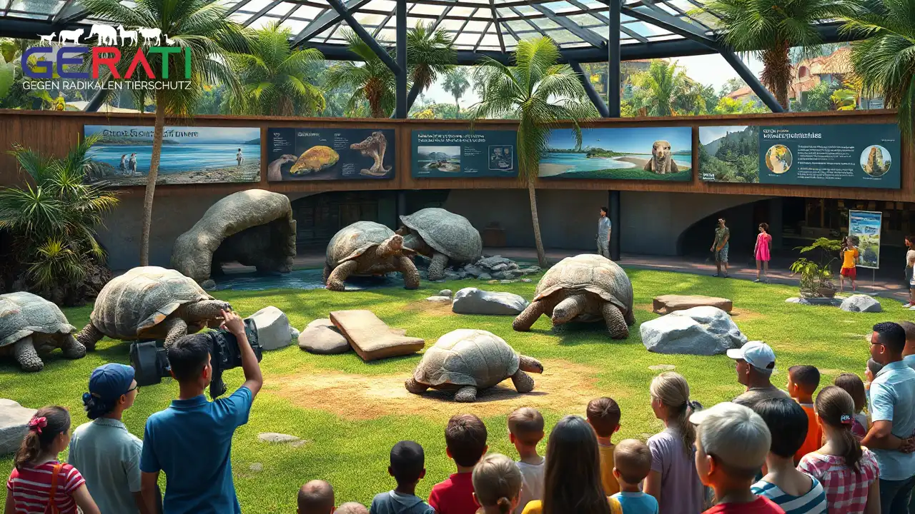 Das Bild zeigt eine moderne Zoo-Umgebung mit einem großzügigen, naturgetreu gestalteten Gehege für Galapagos-Riesenschildkröten. Das Gehege ist üppig begrünt und enthält Elemente wie Felsen und Wasserstellen, die natürliche Verhaltensweisen der Schildkröten fördern. Im Vordergrund beobachtet eine diverse Gruppe von Besuchern, darunter Kinder und Erwachsene, die Tiere und verdeutlicht so den Bildungsaspekt von Zoos. Im Hintergrund sind Hinweisschilder zu sehen, die über aktive Naturschutzmaßnahmen und Zuchtprogramme informieren. Das Bild vermittelt eine Atmosphäre der Hoffnung und Zusammenarbeit und unterstreicht die wichtige Rolle, die Zoos im globalen Naturschutz spielen.