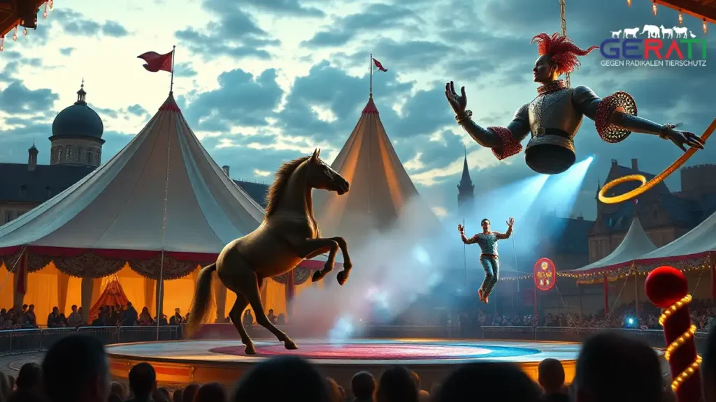 Das Titelbild zeigt eine fotorealistische Darstellung der faszinierenden Atmosphäre von Circus Krone's "Mandana – Circuskunst neu geträumt" in der lebhaften Stadt Ravensburg. Im Vordergrund steht ein prächtiges Zirkuszelt, eingebettet in die malerische Stadtkulisse mit der charmanten mittelalterlichen Architektur von Ravensburg. Innerhalb des Zelts sind ein elegantes Pferd und ein majestätischer Elefant zu sehen, die anmutig unter den warmen, leuchtenden Zirkuslichtern auftreten. In der Luft zeigen Akrobaten ihre beeindruckende Geschicklichkeit, während ein fröhlicher Clown dem Publikum Freude bringt. Das Bild vermittelt eine Mischung aus traditioneller Circuskunst und modernem Flair und betont die harmonische Beziehung zwischen Mensch und Tier in einer lebendigen, fesselnden Umgebung.