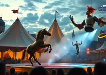 Das Titelbild zeigt eine fotorealistische Darstellung der faszinierenden Atmosphäre von Circus Krone's "Mandana – Circuskunst neu geträumt" in der lebhaften Stadt Ravensburg. Im Vordergrund steht ein prächtiges Zirkuszelt, eingebettet in die malerische Stadtkulisse mit der charmanten mittelalterlichen Architektur von Ravensburg. Innerhalb des Zelts sind ein elegantes Pferd und ein majestätischer Elefant zu sehen, die anmutig unter den warmen, leuchtenden Zirkuslichtern auftreten. In der Luft zeigen Akrobaten ihre beeindruckende Geschicklichkeit, während ein fröhlicher Clown dem Publikum Freude bringt. Das Bild vermittelt eine Mischung aus traditioneller Circuskunst und modernem Flair und betont die harmonische Beziehung zwischen Mensch und Tier in einer lebendigen, fesselnden Umgebung.