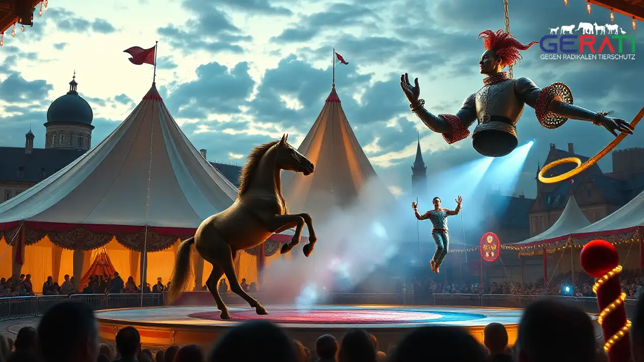 Das Titelbild zeigt eine fotorealistische Darstellung der faszinierenden Atmosphäre von Circus Krone's "Mandana – Circuskunst neu geträumt" in der lebhaften Stadt Ravensburg. Im Vordergrund steht ein prächtiges Zirkuszelt, eingebettet in die malerische Stadtkulisse mit der charmanten mittelalterlichen Architektur von Ravensburg. Innerhalb des Zelts sind ein elegantes Pferd und ein majestätischer Elefant zu sehen, die anmutig unter den warmen, leuchtenden Zirkuslichtern auftreten. In der Luft zeigen Akrobaten ihre beeindruckende Geschicklichkeit, während ein fröhlicher Clown dem Publikum Freude bringt. Das Bild vermittelt eine Mischung aus traditioneller Circuskunst und modernem Flair und betont die harmonische Beziehung zwischen Mensch und Tier in einer lebendigen, fesselnden Umgebung.