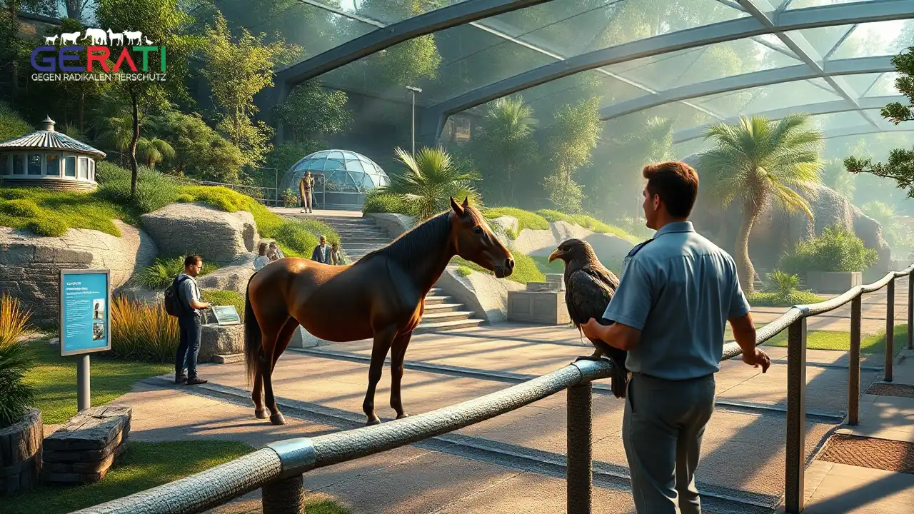 Ein Tierpfleger interagiert in einem modernen Zoo einfühlsam mit einem vom Aussterben bedrohten Tier – eine Szene, die den Artenschutz in den Mittelpunkt stellt.