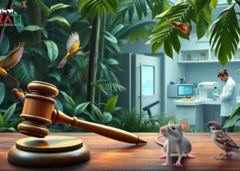 Ein fotorealistisches Bild zeigt einen dichten, üppigen ecuadorianischen Dschungel voller verschiedener Tiere wie Vögel und kleine Säugetiere, die die Artenvielfalt symbolisieren. Im Vordergrund liegt ein hölzerner Richterhammer auf einem Tisch aus natürlichen Materialien, der die juristische Debatte über Tierrechte repräsentiert. Im Hintergrund sieht man ein modernes Labor mit Wissenschaftlern in weißen Kitteln, die mit fortschrittlicher Ausrüstung arbeiten, was die Rolle von Tierversuchen in der Forschung verdeutlicht. Das Bild vermittelt eine Spannung und Balance zwischen Natur, Recht und Wissenschaft.