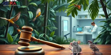 Ein fotorealistisches Bild zeigt einen dichten, üppigen ecuadorianischen Dschungel voller verschiedener Tiere wie Vögel und kleine Säugetiere, die die Artenvielfalt symbolisieren. Im Vordergrund liegt ein hölzerner Richterhammer auf einem Tisch aus natürlichen Materialien, der die juristische Debatte über Tierrechte repräsentiert. Im Hintergrund sieht man ein modernes Labor mit Wissenschaftlern in weißen Kitteln, die mit fortschrittlicher Ausrüstung arbeiten, was die Rolle von Tierversuchen in der Forschung verdeutlicht. Das Bild vermittelt eine Spannung und Balance zwischen Natur, Recht und Wissenschaft.