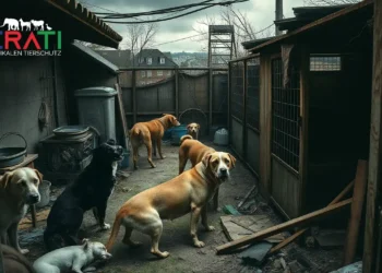 Ein fotorealistisches Bild zeigt die bedrückende Realität illegaler Hundezucht in einer städtischen Umgebung wie Müllheim. Zu sehen ist ein schwach beleuchteter, überfüllter Hinterhof mit provisorischen Zwingern, in denen mehrere Hunde verschiedener Rassen auf engem, unhygienischem Raum eingesperrt sind. Die Tiere wirken vernachlässigt, mit Anzeichen von schlechter Gesundheit und Traurigkeit in den Augen. Im Hintergrund ist die Stadtlandschaft von Müllheim mit ihrer typischen Architektur und einem bedeckten Himmel zu erkennen, was die Ernsthaftigkeit der Situation unterstreicht. Die Atmosphäre ist angespannt und regt zum Nachdenken an, mit dem Ziel, die Notwendigkeit strengerer Regulierung und Bewusstseinsbildung im Tierschutz zu betonen.