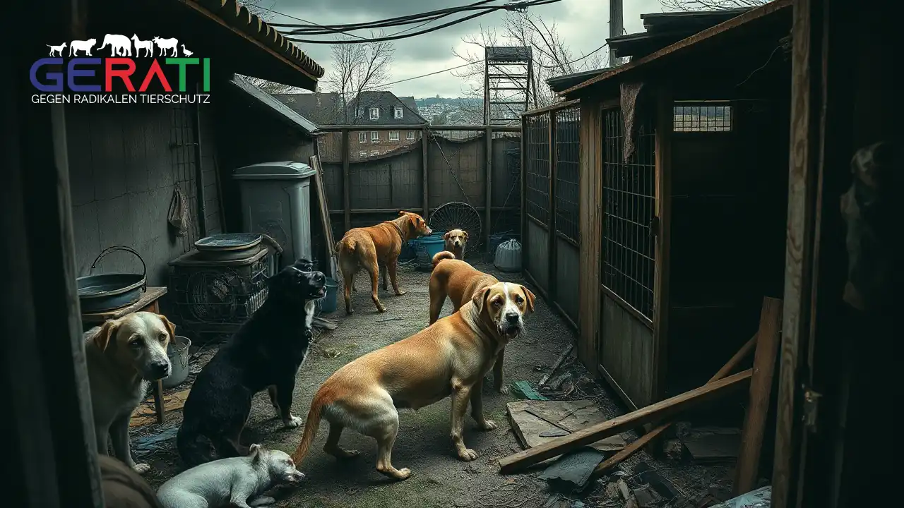 Ein fotorealistisches Bild zeigt die bedrückende Realität illegaler Hundezucht in einer städtischen Umgebung wie Müllheim. Zu sehen ist ein schwach beleuchteter, überfüllter Hinterhof mit provisorischen Zwingern, in denen mehrere Hunde verschiedener Rassen auf engem, unhygienischem Raum eingesperrt sind. Die Tiere wirken vernachlässigt, mit Anzeichen von schlechter Gesundheit und Traurigkeit in den Augen. Im Hintergrund ist die Stadtlandschaft von Müllheim mit ihrer typischen Architektur und einem bedeckten Himmel zu erkennen, was die Ernsthaftigkeit der Situation unterstreicht. Die Atmosphäre ist angespannt und regt zum Nachdenken an, mit dem Ziel, die Notwendigkeit strengerer Regulierung und Bewusstseinsbildung im Tierschutz zu betonen.