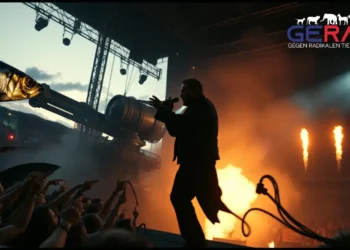 Ein fotorealistisches Bild zeigt eine dramatische Konzertszene in der Dämmerung. Auf einer Open-Air-Bühne steht ein charismatischer männlicher Performer, der Till Lindemann ähnelt, mitten in seiner intensiven und theatralischen Darbietung. Die dunkle und intensive Atmosphäre wird durch dynamische Beleuchtung verstärkt, die stimmungsvolle Schatten wirft. Im Hintergrund ist ein großes, kanonenähnliches Gerät zu sehen, das auf ein kontroverses Element der Show hinweist. Das Publikum, das die Bühne umgibt, zeigt eine Mischung aus faszinierten und schockierten Gesichtsausdrücken, was die geteilten Reaktionen auf die Performance widerspiegelt. Die Szene fängt die provokative und chaotische, aber künstlerisch fesselnde Stimmung eines Metal-Festivals ein.