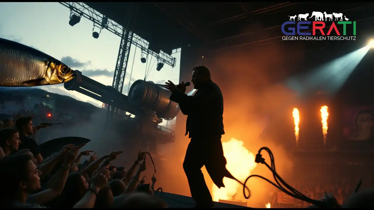 Ein fotorealistisches Bild zeigt eine dramatische Konzertszene in der Dämmerung. Auf einer Open-Air-Bühne steht ein charismatischer männlicher Performer, der Till Lindemann ähnelt, mitten in seiner intensiven und theatralischen Darbietung. Die dunkle und intensive Atmosphäre wird durch dynamische Beleuchtung verstärkt, die stimmungsvolle Schatten wirft. Im Hintergrund ist ein großes, kanonenähnliches Gerät zu sehen, das auf ein kontroverses Element der Show hinweist. Das Publikum, das die Bühne umgibt, zeigt eine Mischung aus faszinierten und schockierten Gesichtsausdrücken, was die geteilten Reaktionen auf die Performance widerspiegelt. Die Szene fängt die provokative und chaotische, aber künstlerisch fesselnde Stimmung eines Metal-Festivals ein.