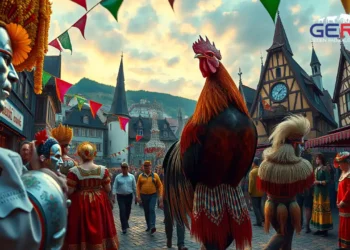 Das Bild zeigt eine lebendige und farbenfrohe Karnevalsszene in der Rheinregion Deutschlands. Menschen in festlichen Kostümen feiern fröhlich und vermitteln die kulturelle Atmosphäre der Region. Im Vordergrund ist symbolisch ein Hahn als Statue oder Emblem zu sehen, der auf die Tradition des Hahneköppen hinweist. Im Hintergrund erstreckt sich eine historische deutsche Stadt mit charmanter Architektur, die den Charme der alten Welt mit modernen Elementen verbindet. Das Bild vermittelt ein Gefühl von Gemeinschaft, kulturellem Stolz und dem fortwährenden Dialog zwischen Tradition und Tierschutz.