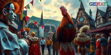 Das Bild zeigt eine lebendige und farbenfrohe Karnevalsszene in der Rheinregion Deutschlands. Menschen in festlichen Kostümen feiern fröhlich und vermitteln die kulturelle Atmosphäre der Region. Im Vordergrund ist symbolisch ein Hahn als Statue oder Emblem zu sehen, der auf die Tradition des Hahneköppen hinweist. Im Hintergrund erstreckt sich eine historische deutsche Stadt mit charmanter Architektur, die den Charme der alten Welt mit modernen Elementen verbindet. Das Bild vermittelt ein Gefühl von Gemeinschaft, kulturellem Stolz und dem fortwährenden Dialog zwischen Tradition und Tierschutz.