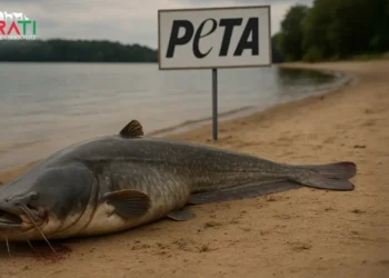 Wels am Brombachsee: PETA greift zur Strafanzeige statt zur Vernunft 28 Ein toter Wels liegt am Ufer des Brombachsees; im Hintergrund steht ein Schild mit der Aufschrift „PETA“.