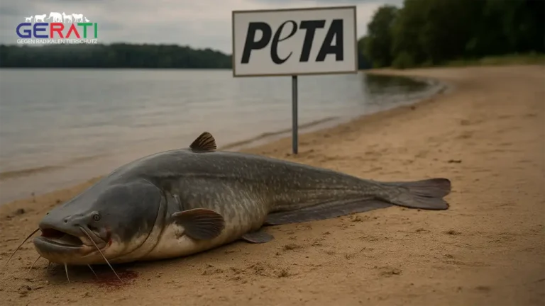Ein toter Wels liegt am Ufer des Brombachsees; im Hintergrund steht ein Schild mit der Aufschrift „PETA“.