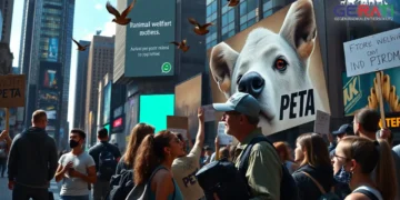Ein belebtes städtisches Szenario zeigt eine Protestszene für Tierrechte und Tierschutz. Im Vordergrund versammeln sich diverse Menschen mit Schildern, die für den Schutz der Tiere eintreten. Ein junger, woker Aktivist diskutiert friedlich mit einem älteren Tierschutzbefürworter, was ihre unterschiedlichen Ansätze verdeutlicht. Im Hintergrund prangt ein großes digitales Billboard mit einem provokanten PETA-Kampagnenbild, das die Aufmerksamkeit der Passanten auf sich zieht. Über allem fliegen Vögel, die Freiheit symbolisieren. Die dynamische und nachdenklich stimmende Atmosphäre regt zur Reflexion über die komplexen Themen von Tierrechten und -schutz an.