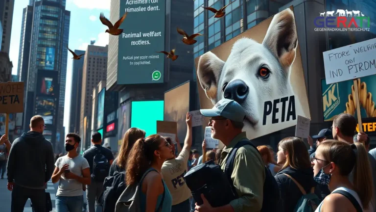 Ein belebtes städtisches Szenario zeigt eine Protestszene für Tierrechte und Tierschutz. Im Vordergrund versammeln sich diverse Menschen mit Schildern, die für den Schutz der Tiere eintreten. Ein junger, woker Aktivist diskutiert friedlich mit einem älteren Tierschutzbefürworter, was ihre unterschiedlichen Ansätze verdeutlicht. Im Hintergrund prangt ein großes digitales Billboard mit einem provokanten PETA-Kampagnenbild, das die Aufmerksamkeit der Passanten auf sich zieht. Über allem fliegen Vögel, die Freiheit symbolisieren. Die dynamische und nachdenklich stimmende Atmosphäre regt zur Reflexion über die komplexen Themen von Tierrechten und -schutz an.
