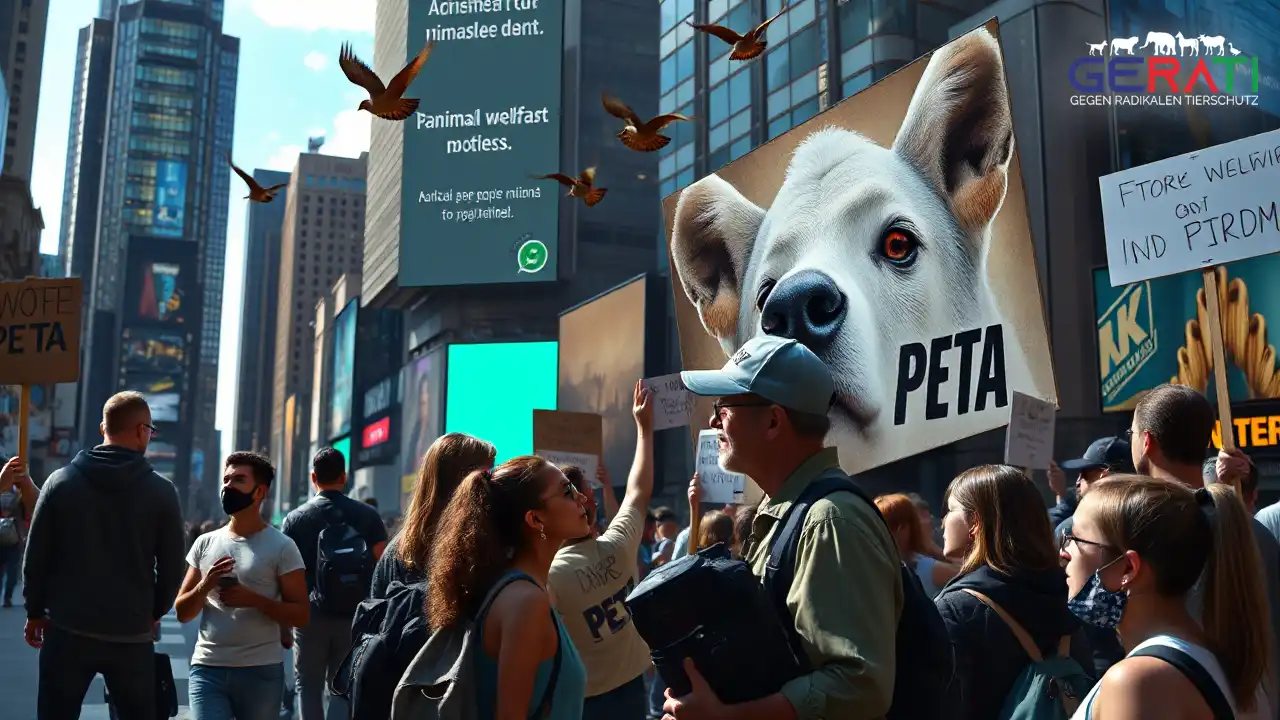 Ein belebtes städtisches Szenario zeigt eine Protestszene für Tierrechte und Tierschutz. Im Vordergrund versammeln sich diverse Menschen mit Schildern, die für den Schutz der Tiere eintreten. Ein junger, woker Aktivist diskutiert friedlich mit einem älteren Tierschutzbefürworter, was ihre unterschiedlichen Ansätze verdeutlicht. Im Hintergrund prangt ein großes digitales Billboard mit einem provokanten PETA-Kampagnenbild, das die Aufmerksamkeit der Passanten auf sich zieht. Über allem fliegen Vögel, die Freiheit symbolisieren. Die dynamische und nachdenklich stimmende Atmosphäre regt zur Reflexion über die komplexen Themen von Tierrechten und -schutz an.