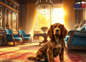 Ein fotorealistisches Bild zeigt ein gemütliches Wohnzimmer in warmen Tönen mit königlichem Flair. Im Vordergrund sitzt ein prachtvoller Cocker Spaniel mit glänzendem Fell anmutig auf einem luxuriösen, weichen Teppich. Im Hintergrund bietet ein elegantes Fenster den Blick auf einen üppigen, grünen Garten, der Natur und Ruhe symbolisiert. Das Zimmer ist mit feinen Details geschmückt, wie kunstvoll gefertigten Möbeln und einer zarten Vase mit frischen Blumen auf einem polierten Holztisch. Sanftes, goldenes Sonnenlicht fällt durch das Fenster und wirft weiche Schatten, die eine ruhige Atmosphäre schaffen. Diese Szene könnte eine Erinnerung daran sein, dass auch in einem Tierheimadoption solch ein treuer Begleiter gefunden werden kann.