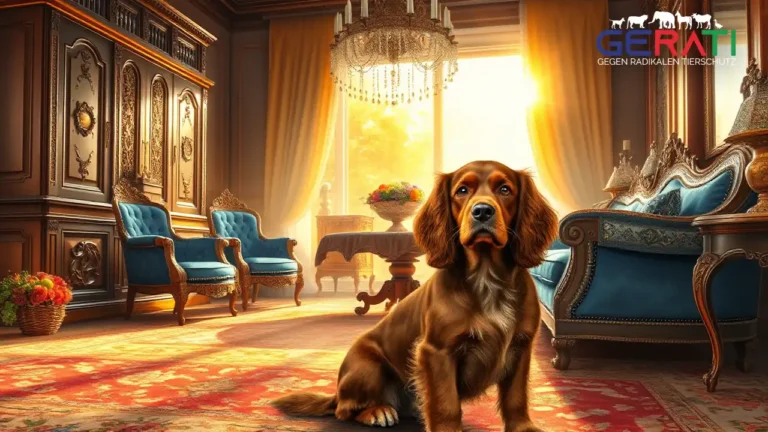 Ein fotorealistisches Bild zeigt ein gemütliches Wohnzimmer in warmen Tönen mit königlichem Flair. Im Vordergrund sitzt ein prachtvoller Cocker Spaniel mit glänzendem Fell anmutig auf einem luxuriösen, weichen Teppich. Im Hintergrund bietet ein elegantes Fenster den Blick auf einen üppigen, grünen Garten, der Natur und Ruhe symbolisiert. Das Zimmer ist mit feinen Details geschmückt, wie kunstvoll gefertigten Möbeln und einer zarten Vase mit frischen Blumen auf einem polierten Holztisch. Sanftes, goldenes Sonnenlicht fällt durch das Fenster und wirft weiche Schatten, die eine ruhige Atmosphäre schaffen. Diese Szene könnte eine Erinnerung daran sein, dass auch in einem Tierheimadoption solch ein treuer Begleiter gefunden werden kann.