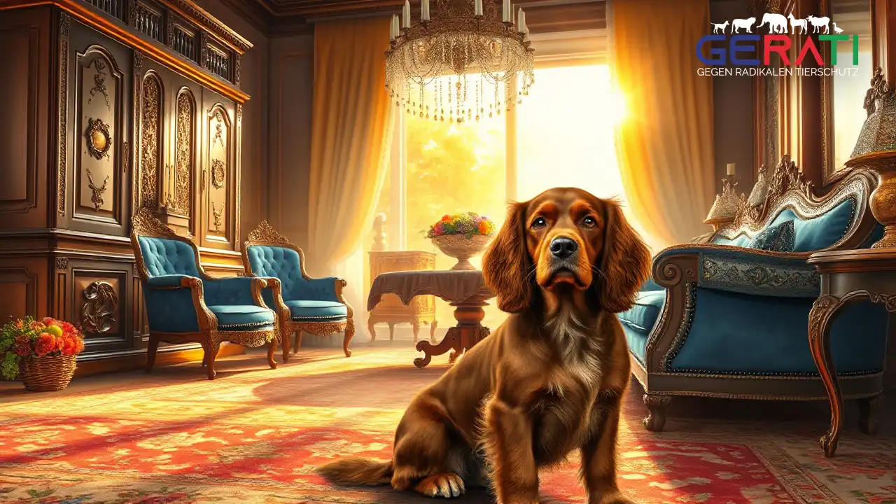 Ein fotorealistisches Bild zeigt ein gemütliches Wohnzimmer in warmen Tönen mit königlichem Flair. Im Vordergrund sitzt ein prachtvoller Cocker Spaniel mit glänzendem Fell anmutig auf einem luxuriösen, weichen Teppich. Im Hintergrund bietet ein elegantes Fenster den Blick auf einen üppigen, grünen Garten, der Natur und Ruhe symbolisiert. Das Zimmer ist mit feinen Details geschmückt, wie kunstvoll gefertigten Möbeln und einer zarten Vase mit frischen Blumen auf einem polierten Holztisch. Sanftes, goldenes Sonnenlicht fällt durch das Fenster und wirft weiche Schatten, die eine ruhige Atmosphäre schaffen. Diese Szene könnte eine Erinnerung daran sein, dass auch in einem Tierheimadoption solch ein treuer Begleiter gefunden werden kann.
