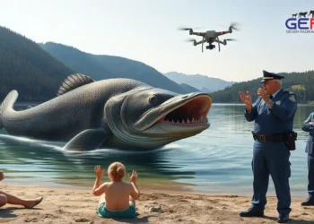 Ein großer Wels springt bedrohlich aus dem Wasser des Brombachsees, während Badegäste zurückweichen und ein Polizist am Ufer steht – eine Szene voller Spannung und Symbolik rund um den Brombachsee-Wels.