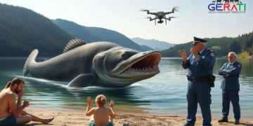 Ein großer Wels springt bedrohlich aus dem Wasser des Brombachsees, während Badegäste zurückweichen und ein Polizist am Ufer steht – eine Szene voller Spannung und Symbolik rund um den Brombachsee-Wels.