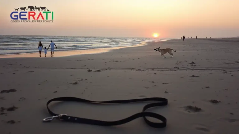Ein ruhiger Abend am Strand von Sylt: Sanfte Wellen treffen auf das Ufer. Im Vordergrund liegt eine einsame, leere Hundeleine im Sand, die Abwesenheit eines Hundes andeutend. Im Hintergrund taucht der Sonnenuntergang die Szene in ein warmes, goldenes Licht. Einige verstreute Strandbesucher zeigen besorgte oder nachdenkliche Gesichter, was die Mischung aus Schock und Traurigkeit widerspiegelt. Der Himmel ist in Orange und Violett getaucht und verstärkt die Stimmung eines unerwartet tragischen Tagesendes. Die Atmosphäre verbindet natürliche Schönheit mit unterschwelliger Unruhe und lädt zur Reflexion über Verantwortung und Sicherheit ein.