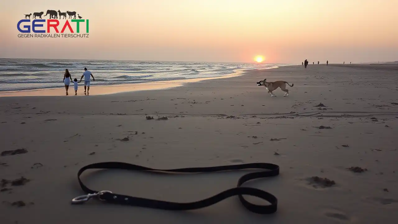 Ein ruhiger Abend am Strand von Sylt: Sanfte Wellen treffen auf das Ufer. Im Vordergrund liegt eine einsame, leere Hundeleine im Sand, die Abwesenheit eines Hundes andeutend. Im Hintergrund taucht der Sonnenuntergang die Szene in ein warmes, goldenes Licht. Einige verstreute Strandbesucher zeigen besorgte oder nachdenkliche Gesichter, was die Mischung aus Schock und Traurigkeit widerspiegelt. Der Himmel ist in Orange und Violett getaucht und verstärkt die Stimmung eines unerwartet tragischen Tagesendes. Die Atmosphäre verbindet natürliche Schönheit mit unterschwelliger Unruhe und lädt zur Reflexion über Verantwortung und Sicherheit ein.