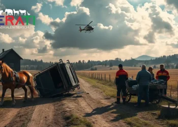 Das Titelbild zeigt eine fotorealistische Szene eines Kutschenunfalls auf einem ländlichen Weg in Markgröningen. Im Mittelpunkt steht eine umgestürzte traditionelle Pferdekutsche auf einem unbefestigten Pfad. Zwei Pferde stehen in der Nähe und wirken verstört. Der Hintergrund zeigt eine malerische, aber melancholische Landschaft unter einem teilweise bewölkten Himmel, der auf einen sonnigen Nachmittag hinweist, der tragisch endete. Im Vordergrund kümmern sich Rettungskräfte um zwei Personen, um ihre Sicherheit zu gewährleisten. In der Ferne ist ein Rettungshubschrauber zu sehen, der Dringlichkeit und Hilfe symbolisiert. Die Stimmung des Bildes ist nachdenklich und unterstreicht die Bedeutung von Sicherheit und Vorsicht bei Freizeitaktivitäten mit Tieren.