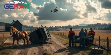 Tragischer Kutschenunfall in Markgröningen - Ein Weckruf für Sicherheit und gegen ideologische Scheuklappen 22 Das Titelbild zeigt eine fotorealistische Szene eines Kutschenunfalls auf einem ländlichen Weg in Markgröningen. Im Mittelpunkt steht eine umgestürzte traditionelle Pferdekutsche auf einem unbefestigten Pfad. Zwei Pferde stehen in der Nähe und wirken verstört. Der Hintergrund zeigt eine malerische, aber melancholische Landschaft unter einem teilweise bewölkten Himmel, der auf einen sonnigen Nachmittag hinweist, der tragisch endete. Im Vordergrund kümmern sich Rettungskräfte um zwei Personen, um ihre Sicherheit zu gewährleisten. In der Ferne ist ein Rettungshubschrauber zu sehen, der Dringlichkeit und Hilfe symbolisiert. Die Stimmung des Bildes ist nachdenklich und unterstreicht die Bedeutung von Sicherheit und Vorsicht bei Freizeitaktivitäten mit Tieren.