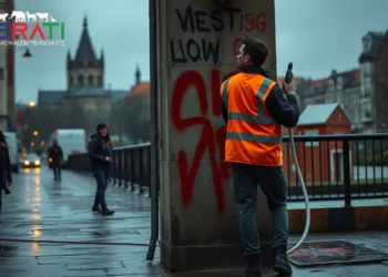 Farbschmierereien Aachen: Politischer Protest oder blinder Vandalismus? 29 Ein städtischer Arbeiter reinigt frühmorgens eine besprühte Wand in Aachen, auf der politische Farbschmierereien zu sehen sind – ein Symbol für die aktuellen Debatten um Farbschmierereien Aachen.