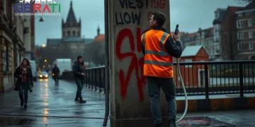 Farbschmierereien Aachen: Politischer Protest oder blinder Vandalismus? 20 Ein städtischer Arbeiter reinigt frühmorgens eine besprühte Wand in Aachen, auf der politische Farbschmierereien zu sehen sind – ein Symbol für die aktuellen Debatten um Farbschmierereien Aachen.