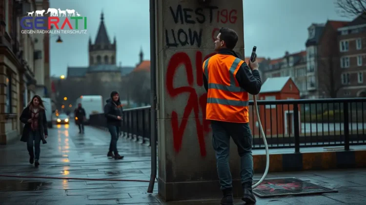 Ein städtischer Arbeiter reinigt frühmorgens eine besprühte Wand in Aachen, auf der politische Farbschmierereien zu sehen sind – ein Symbol für die aktuellen Debatten um Farbschmierereien Aachen.