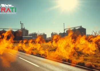 Ein fotorealistisches Bild zeigt eine Hitzewelle in Deutschland, die die Auswirkungen des Klimawandels darstellt. Zu sehen ist eine sonnenüberflutete Stadtlandschaft mit flimmernden Hitzewellen, die vom Asphalt aufsteigen, sowie verwelkte Pflanzen in einem verlassenen städtischen Park. Im Hintergrund sind industrielle Landwirtschaftsanlagen zu erkennen, mit Schwerpunkt auf Rinderhaltung und großen Silos, die die Rolle der Tierindustrie bei den Treibhausgasemissionen symbolisieren. Der Himmel ist klar und blau mit einer grellen, strahlenden Sonne, die die extremen Temperaturen betont. Die Stimmung ist angespannt und dringlich, und das Bild unterstreicht die ökologischen und gesellschaftlichen Herausforderungen des Klimawandels.