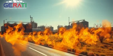Ein fotorealistisches Bild zeigt eine Hitzewelle in Deutschland, die die Auswirkungen des Klimawandels darstellt. Zu sehen ist eine sonnenüberflutete Stadtlandschaft mit flimmernden Hitzewellen, die vom Asphalt aufsteigen, sowie verwelkte Pflanzen in einem verlassenen städtischen Park. Im Hintergrund sind industrielle Landwirtschaftsanlagen zu erkennen, mit Schwerpunkt auf Rinderhaltung und großen Silos, die die Rolle der Tierindustrie bei den Treibhausgasemissionen symbolisieren. Der Himmel ist klar und blau mit einer grellen, strahlenden Sonne, die die extremen Temperaturen betont. Die Stimmung ist angespannt und dringlich, und das Bild unterstreicht die ökologischen und gesellschaftlichen Herausforderungen des Klimawandels.