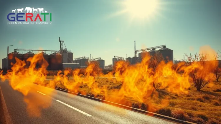 Ein fotorealistisches Bild zeigt eine Hitzewelle in Deutschland, die die Auswirkungen des Klimawandels darstellt. Zu sehen ist eine sonnenüberflutete Stadtlandschaft mit flimmernden Hitzewellen, die vom Asphalt aufsteigen, sowie verwelkte Pflanzen in einem verlassenen städtischen Park. Im Hintergrund sind industrielle Landwirtschaftsanlagen zu erkennen, mit Schwerpunkt auf Rinderhaltung und großen Silos, die die Rolle der Tierindustrie bei den Treibhausgasemissionen symbolisieren. Der Himmel ist klar und blau mit einer grellen, strahlenden Sonne, die die extremen Temperaturen betont. Die Stimmung ist angespannt und dringlich, und das Bild unterstreicht die ökologischen und gesellschaftlichen Herausforderungen des Klimawandels.