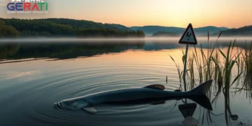 Ein fotorealistisches Bild zeigt eine ruhige Seeszene am Brombachsee in Bayern in den frühen Morgenstunden. Das Wasser ist still und spiegelt die umgebenden, üppigen grünen Bäume und die fernen, sanften Hügel wider. Im Vordergrund schwimmt ein großer Wels teilweise untergetaucht nahe der Wasseroberfläche, seine Barteln sind sichtbar und erzeugen sanfte Wellen. In der Nähe steht ein Warnschild am Ufer, teilweise von Schilf verdeckt, das auf kürzliche Ereignisse hinweist. Der Himmel ist in sanften Orange- und Rosatönen gefärbt, während die Sonne aufgeht und eine ruhige, aber leicht geheimnisvolle Atmosphäre schafft. Die Szene wirkt friedlich und gleichzeitig einladend, um über das verborgene Zusammenspiel von Natur und menschlicher Aktivität nachzudenken.