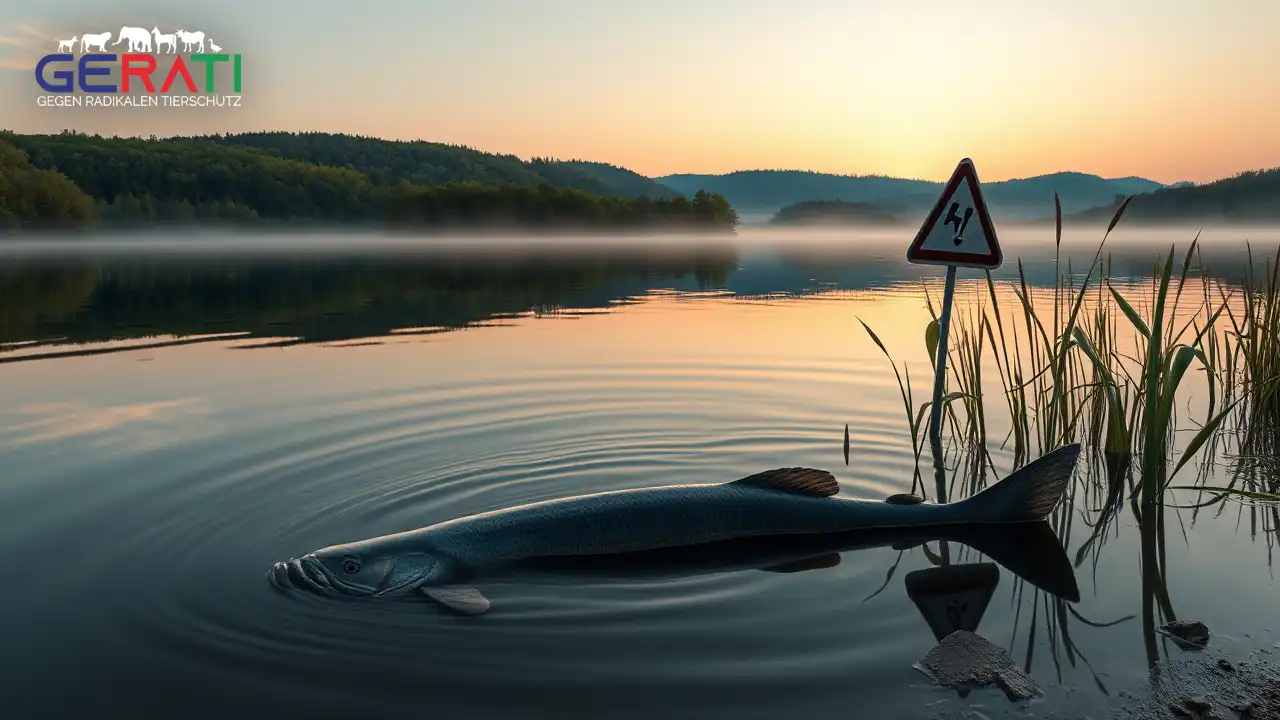 Ein fotorealistisches Bild zeigt eine ruhige Seeszene am Brombachsee in Bayern in den frühen Morgenstunden. Das Wasser ist still und spiegelt die umgebenden, üppigen grünen Bäume und die fernen, sanften Hügel wider. Im Vordergrund schwimmt ein großer Wels teilweise untergetaucht nahe der Wasseroberfläche, seine Barteln sind sichtbar und erzeugen sanfte Wellen. In der Nähe steht ein Warnschild am Ufer, teilweise von Schilf verdeckt, das auf kürzliche Ereignisse hinweist. Der Himmel ist in sanften Orange- und Rosatönen gefärbt, während die Sonne aufgeht und eine ruhige, aber leicht geheimnisvolle Atmosphäre schafft. Die Szene wirkt friedlich und gleichzeitig einladend, um über das verborgene Zusammenspiel von Natur und menschlicher Aktivität nachzudenken.